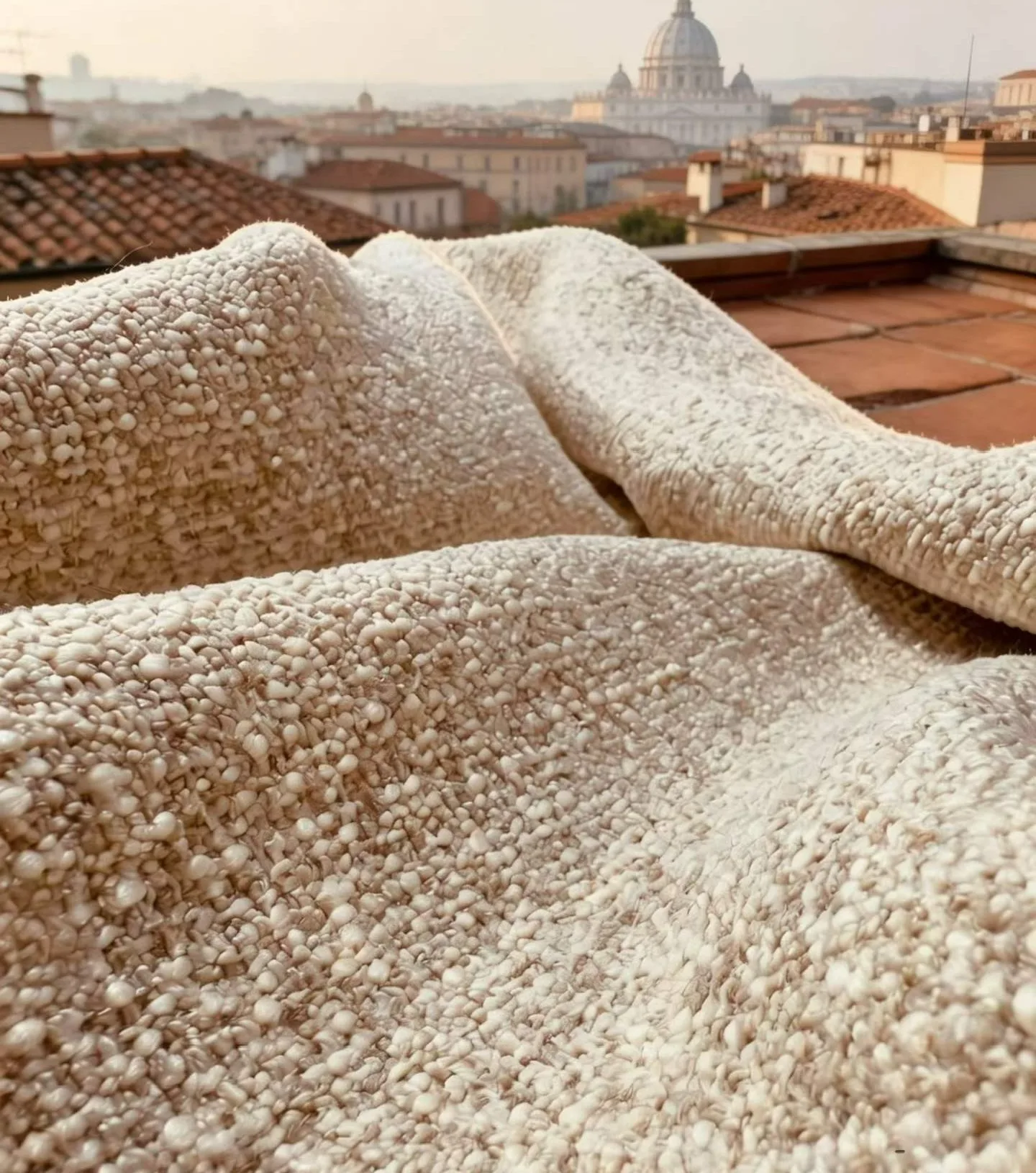 Tissu d'ameublement bouclette écru à l'esprit Natural-Chic, sur les toits d'une ville italienne — Axel Confort